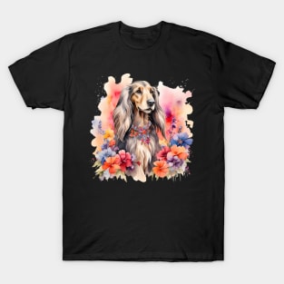 An afghan hound decorated with beautiful watercolor flowers T-Shirt